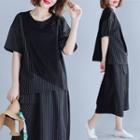 Pinstriped Panel Short-sleeve Top Black - One Size