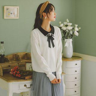 Ribbon Bow Tie Accent Collared Sweater