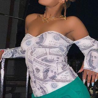 Long-sleeve Printed Off Shoulder T-shirt