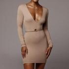 Long Sleeve V-neck Ribbed Knit Bodycon Dress