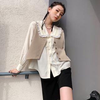 Set: Lace Trim Blouse + Single-breasted Vest
