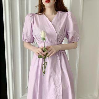 Puff-sleeve Tie-waist Midi A-line Dress