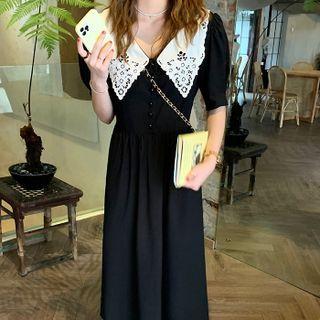 Puff-sleeve Collared Color-block Dress