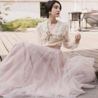 Set: V-neck Lace Blouse + Mesh Midi A-line Skirt