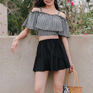 Set: Short-sleeve Cold Shoulder Check Tankini Top + Bottom + Skirt