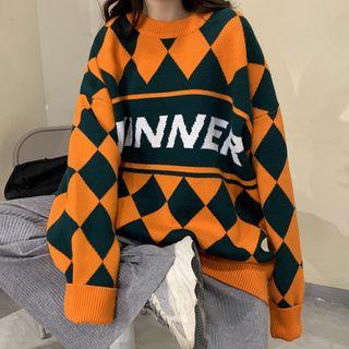Long-sleeve Oversize Argyle Printed Knit Sweater