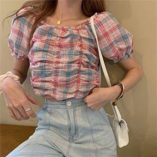 Plaid Off-shoulder Shirred Cropped Blouse