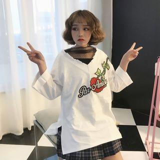 3/4-sleeve Embroidered V-neck T-shirt
