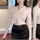 Long-sleeve Button-up Knit Top / Mini Pencil Skirt
