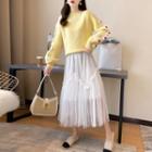 Set: Long-sleeve Flower Embroidered Knit Sweater + High-waist Plain Mesh Long Skirt