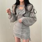 Long Sleeve See-through Crop Top / Spaghetti Strap Mini Bodycon Dress