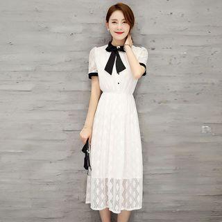 Bow Neck Short-sleeve Midi Lace Dress