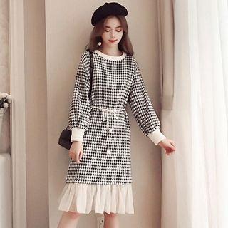 Houndstooth Paneled Midi A-line Sweatshirt Dress