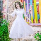 Lace Elbow-sleeve A-line Midi Dress
