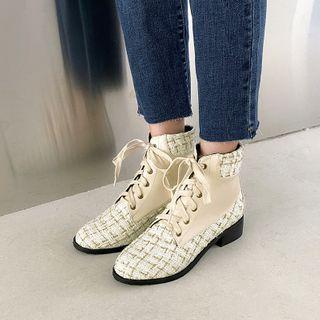 Lace Up Block-heel Tweed Short Boots