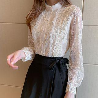 Mock-neck Lace Button-up Blouse