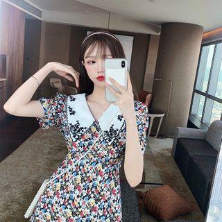 Collared Floral Print Short-sleeve Mini A-line Dress As Shown In Figure - One Size