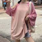 Long-sleeve Color Block Cold Shoulder T-shirt