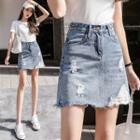 Lace Panel Distressed Denim Mini A-line Skirt