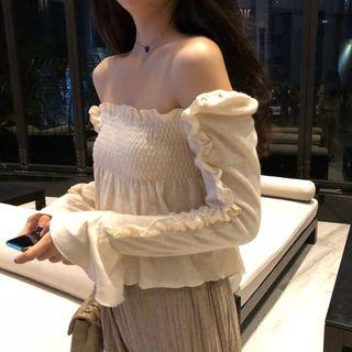 Long-sleeve Off-shoulder Frill Trim Top Almond - One Size