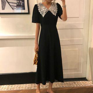 Lace Collar Short Sleeve Midi Dress