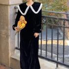 Long-sleeve Peter Pan Collar Velvet Midi Sheath Dress