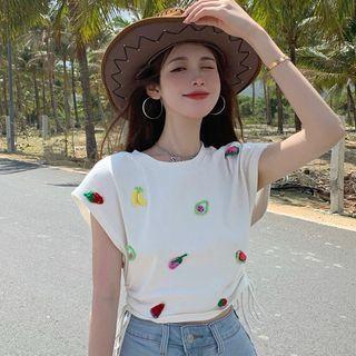 Sleeveless Fruit Embroidered Cropped T-shirt T-shirt - Fruit - White - One Size