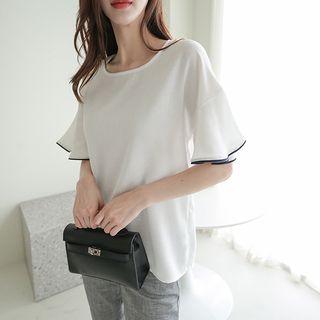 Frilled-sleeve Contrast-trim Top