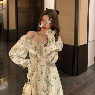 Long-sleeve Cold Shoulder Floral A-line Dress