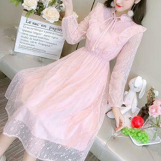 Long-sleeve Tie-neck Ruffled Lace Midi A-line Dress