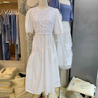 Mock Two-piece Panel Round-neck Puff Short-sleeve Dress