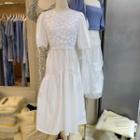 Mock Two-piece Panel Round-neck Puff Short-sleeve Dress