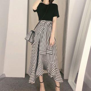Gingham Panel Short-sleeve Midi A-line Dress