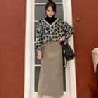 Mock Two-piece Leopard Print Pullover / Midi A-line Skirt