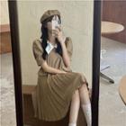 Short-sleeve Lapel Plain Accordion Pleat Dress