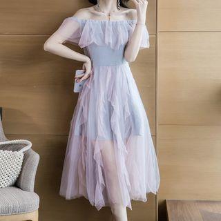 Mesh Off-shoulder Short-sleeve Midi A-line Dress