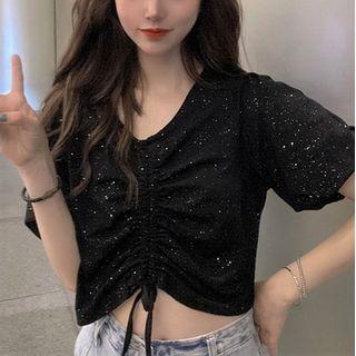 Drawstring Plain Short-sleeve Top Black - One Size