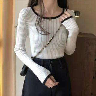 Contrast Trim Ribbed Knit Sweater