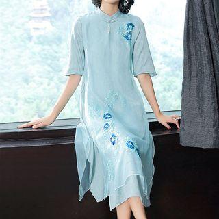 Elbow-sleeve Embroidered Midi Qipao Dress