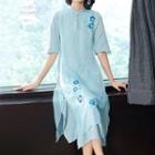 Elbow-sleeve Embroidered Midi Qipao Dress
