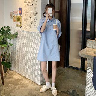 Elbow-sleeve Mini Shirt Dress Blue - One Size