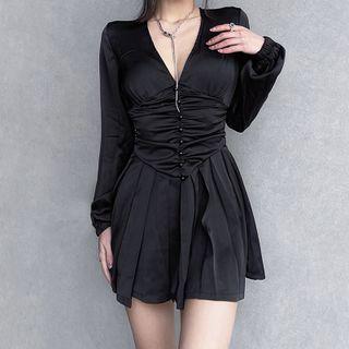 Long-sleeve V-neck Pleated Mini A-line Dress