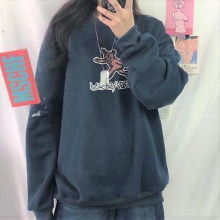 Loose-fit Long-sleeve Printed Sweatshirt Navy Blue - One Size