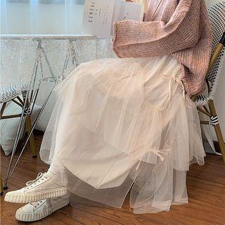 High-waist Bow Accent Mesh Panel Maxi Skirt