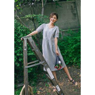 Puff-sleeve Buttoned Plaid A-line Midi Dress