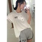 Henley-neck Embroidered Light T-shirt White - One Size