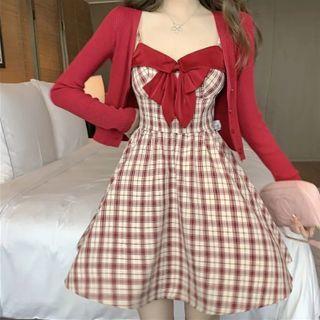 Long-sleeve Plain Cardigan / Spaghetti-strap Bow Panel Plaid Dress
