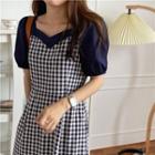 Mock Two-piece Puff-sleeve Gingham A-line Dress