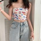 Strapless Butterfly Print Cropped Top White - One Size