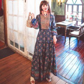 Long-sleeve Tiered Floral Print Maxi A-line Dress